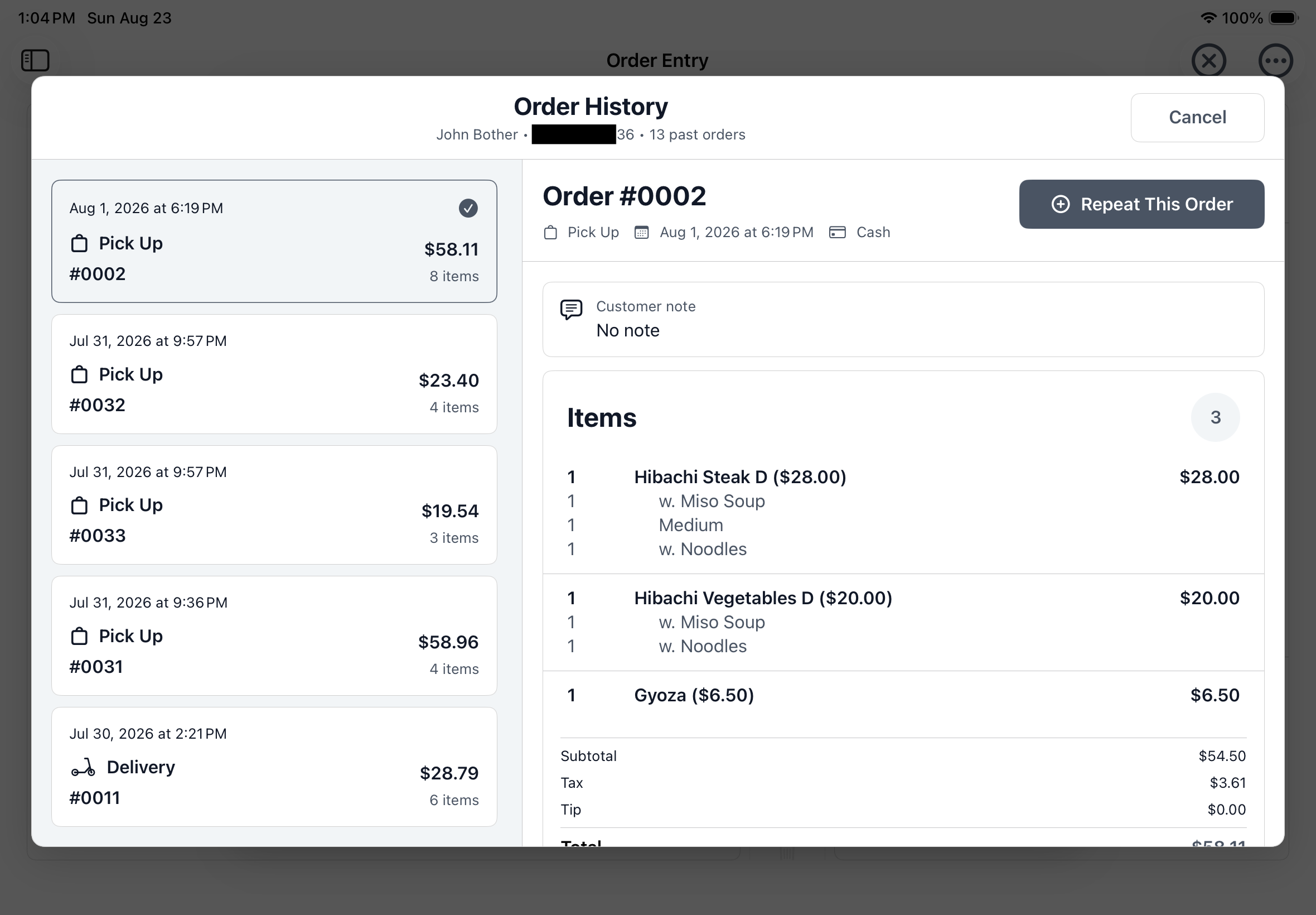 Yarra POS Order History screen on iPad showing previous pickup and delivery orders, item details, and a Repeat This Order action.