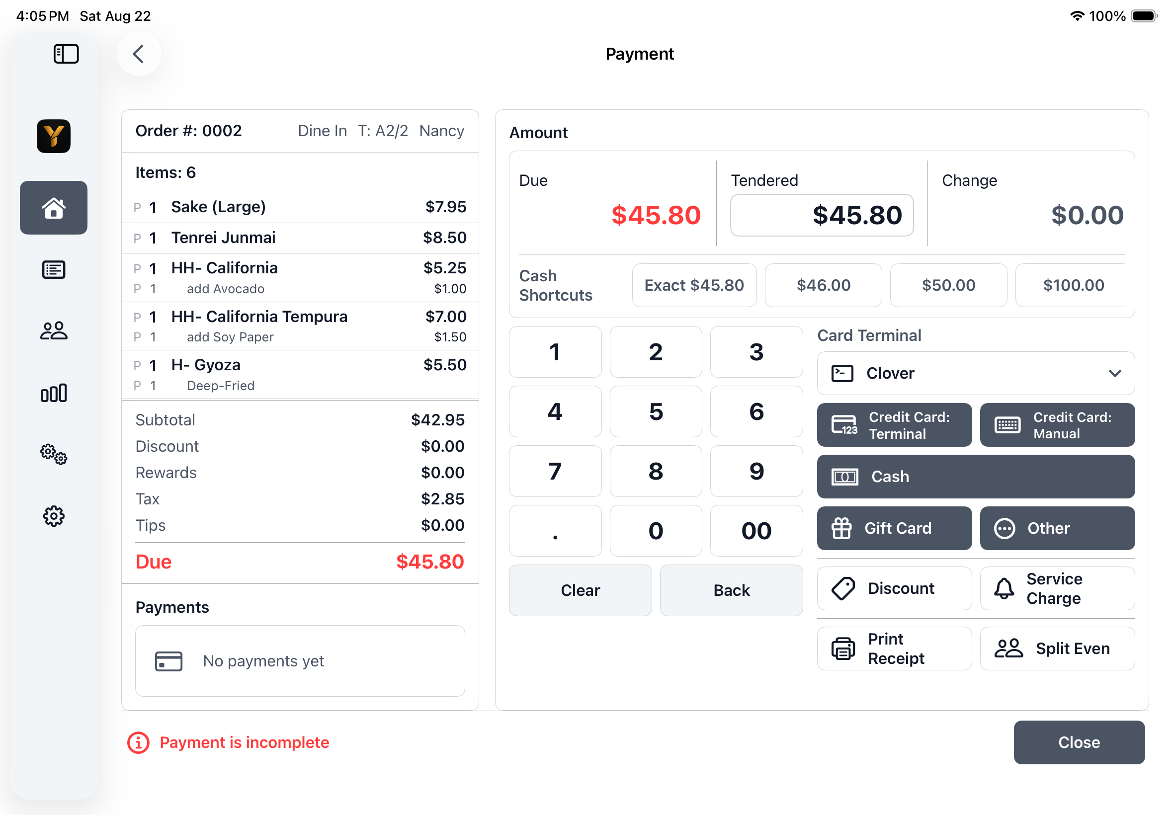 Yarra POS Payment screen on iPad showing a restaurant check, amount due, cash shortcuts, keypad, and payment actions.