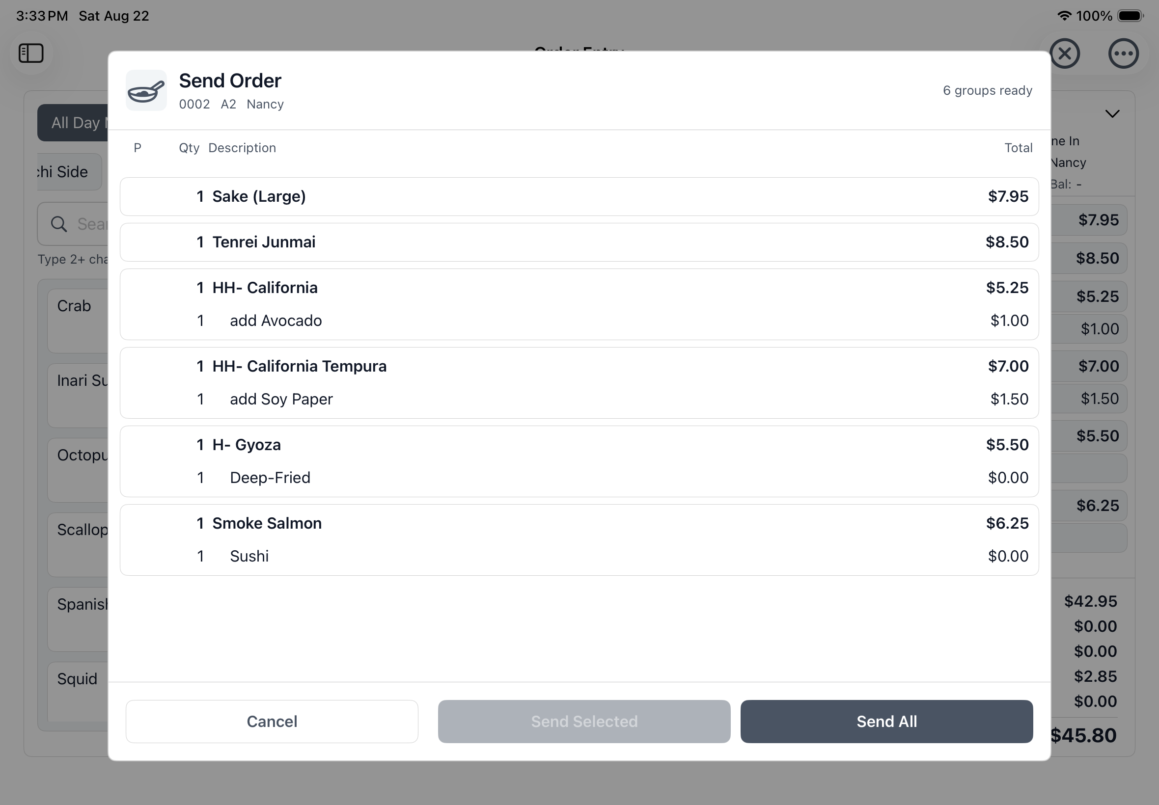 Yarra POS Send Order screen on iPad showing six ready groups with Send Selected and Send All actions.